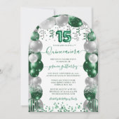 Green White Sparkle Quinceañera Balloon Einladung (Vorderseite)