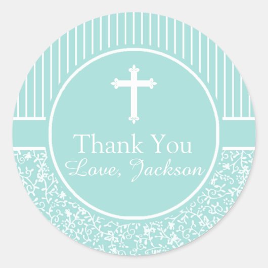 Green White Stripes Blumenkreuz Danke Junge Runder Aufkleber (Vorderseite)