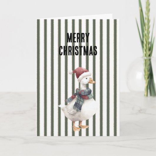 Green White Stripes Goose with Santa Hat Christmas Karte (Vorderseite)