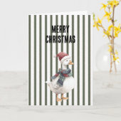 Green White Stripes Goose with Santa Hat Christmas Karte (Gelbe Blume)