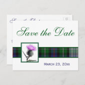 Green, White Tartan Thistle Save the Date Postcard Ankündigungspostkarte (Vorne/Hinten)