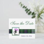 Green, White Tartan Thistle Save the Date Postcard Ankündigungspostkarte (Stehend Vorderseite)