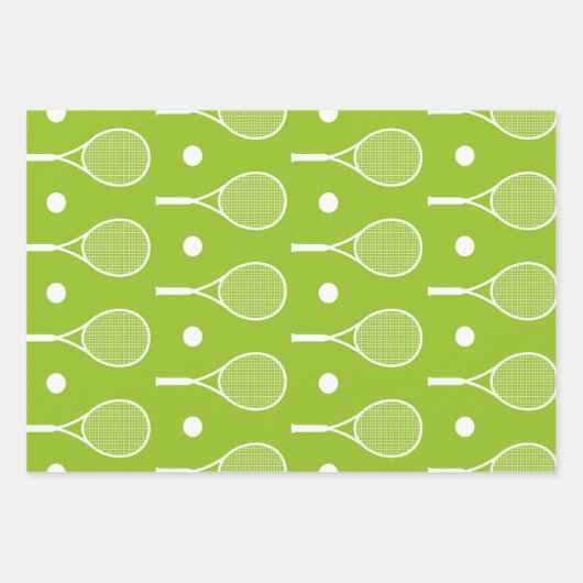Green & White Tennis Thema Rackets Balls Muster Geschenkpapier Set (Vorderseite 2)
