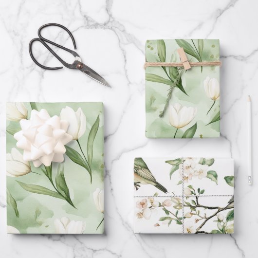 Green White Tulip Flowers Bridal Shower Geschenkpapier Set (Vorderseite)