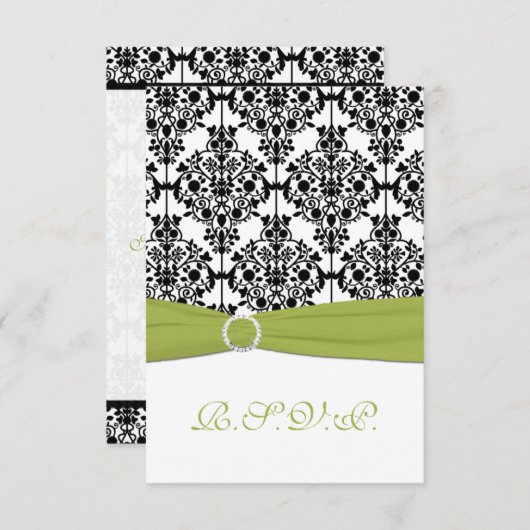 Green, White und Black Damask III Antwortkarte Einladung (Vorne/Hinten)