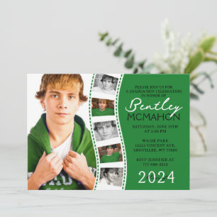 Green & White Unique Filmstrip 6 Foto Abschluss Einladung
