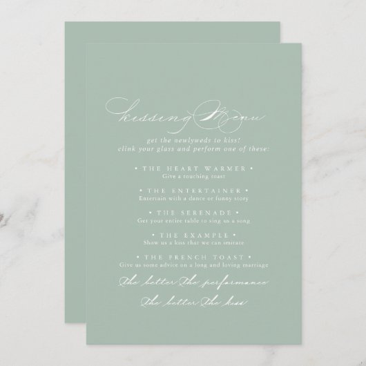 Green White Wedding Kissing Menu Game Card (Vorne/Hinten)