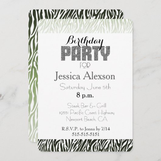 Green White Zebra Print Birthday Einladung (Vorne/Hinten)