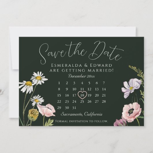 Green Wild Flower Wedding Calendar Save The Date (Vorderseite)