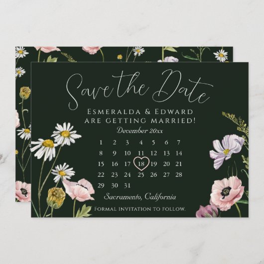 Green Wild Flower Wedding Calendar Save The Date (Vorne/Hinten)