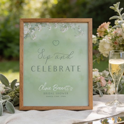 Green Wildflower Sip and Celebrate Sign Poster
