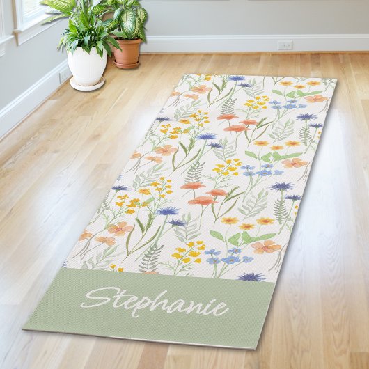 Green Wildflower Watercolor Custom Name Yogamatte