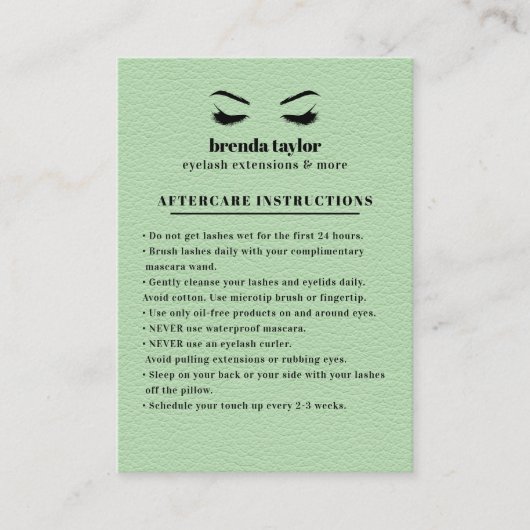 GREEN Wildleder Eyelash Browbar Aftercare Instruct Visitenkarte (Vorderseite)