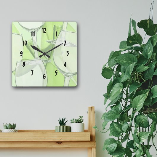 Green Wine Glasses Numbered Wall Clock Quadratische Wanduhr