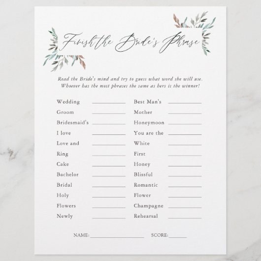 Green Winter Brautparty Phrases Game (Vorderseite)