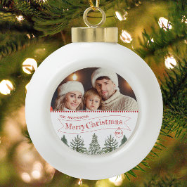 Green Winter Forest Family Foto Frohe Weihnachten Keramik Kugel-Ornament