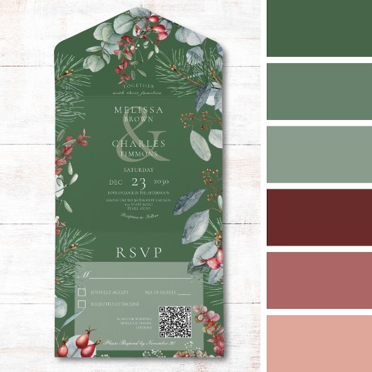 Green Winter Pine Berries Eucalyptus QR Code All In One Einladung