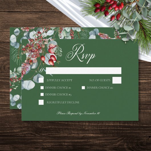Green Winter Pine Berries Eucalyptus Wedding RSVP Karte