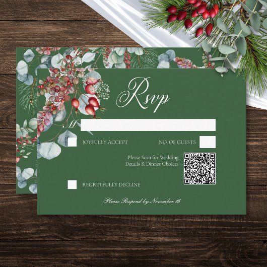 Green Winter Pine Berries Eucalyptus Wedding RSVP Karte