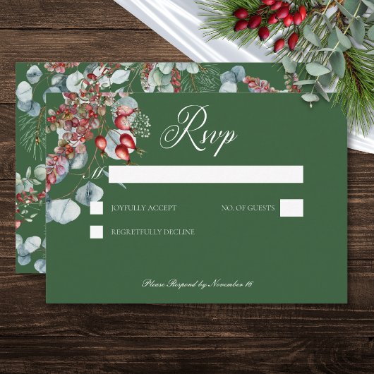 Green Winter Pine Berries Eucalyptus Wedding RSVP Karte