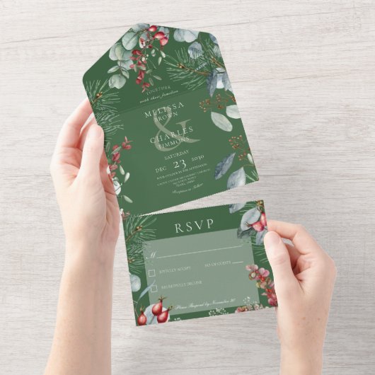 Green Winter Pine Berries Eukalyptus Kein Abendess All In One Einladung (Abreißen)