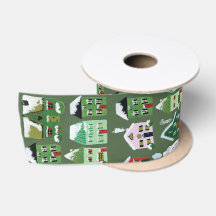 Green Winter Village Houses Christmas Satin Ribbon