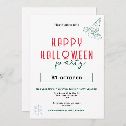 Green Witch Hat Business Office-Halloween-Party Einladung (Vorne/Hinten)