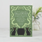 Green Witchy Black Cat Cauldron Halloween Party Einladung (Stehend Vorderseite)