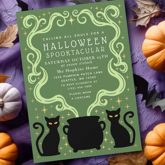 Green Witchy Black Cat Cauldron Halloween Party Einladung