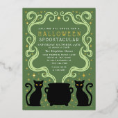 Green Witchy Black Cat Cauldron Halloween Party Folieneinladung (Vorderseite)