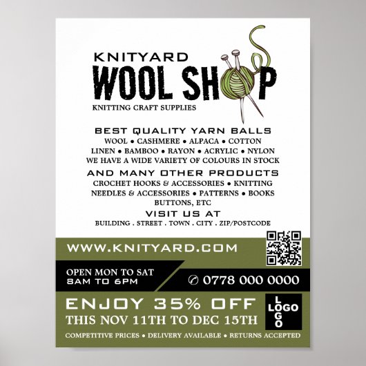 Green-Wool-Shop-Logo, Strickgeschäft, Garnspeicher Poster (Vorne)