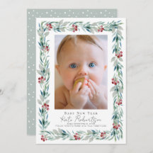 Green Wreath Baby New Year Foto Holiday Card
