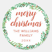 Green Wreath Frohe Weihnachten Runder Aufkleber (Vorderseite)