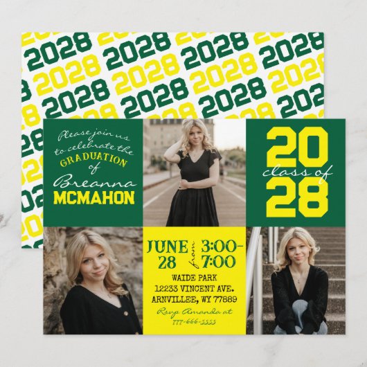 Green & Yellow 3 Foto Abschluss Einladung (Vorne/Hinten)