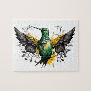Green & Yellow Hummingbird Tattoo Design auf Weiß Puzzle