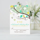 Green & Yellow Lovebirds UAWG Wedding Card Einladu RSVP Karte (Stehend Vorderseite)