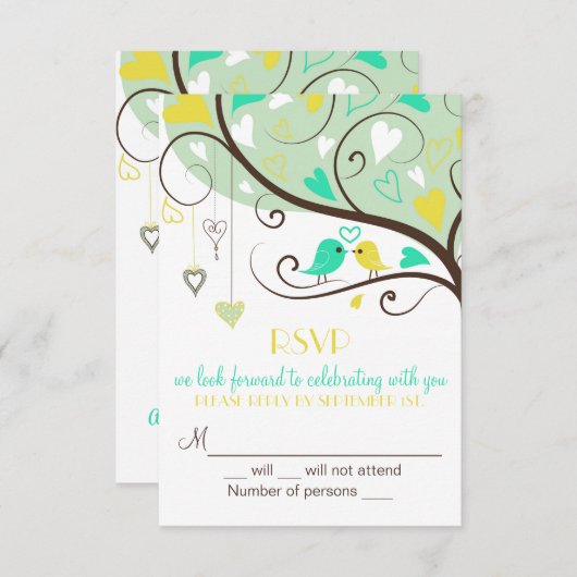Green & Yellow Lovebirds UAWG Wedding Card Einladu RSVP Karte (Vorne/Hinten)