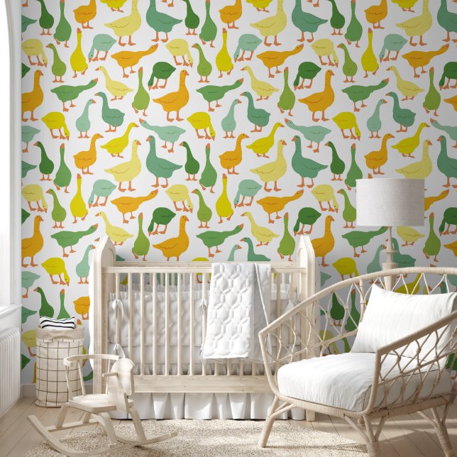 Green & Yellow Modern Geese Seamless Pattern Tapete (Kinder)