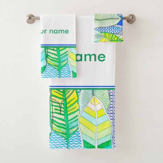 Green Yellow Modern Tropical Boho Monogram Name Badhandtuch Set (Insitu)