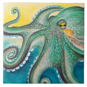 Green Yellow Octopus Watercolor Art Fliese (Vorderseite)