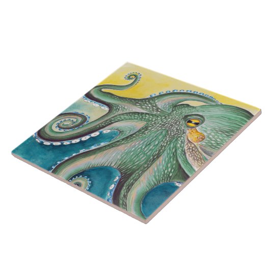 Green Yellow Octopus Watercolor Art Fliese (Seite)