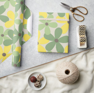 Green Yellow Retro Y2K 70er Blume Muster Geschenkpapier