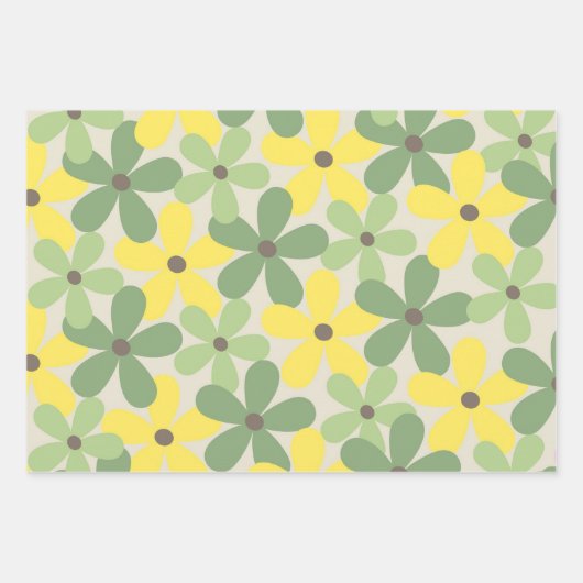 Green Yellow Retro Y2K 70er Blume Muster Geschenkpapier Set (Vorderseite 3)