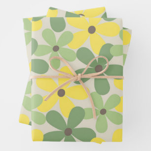 Green Yellow Retro Y2K 70er Blume Muster Geschenkpapier Set