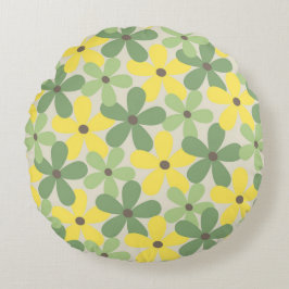 Green Yellow Retro Y2K 70er Blume Muster Rundes Kissen