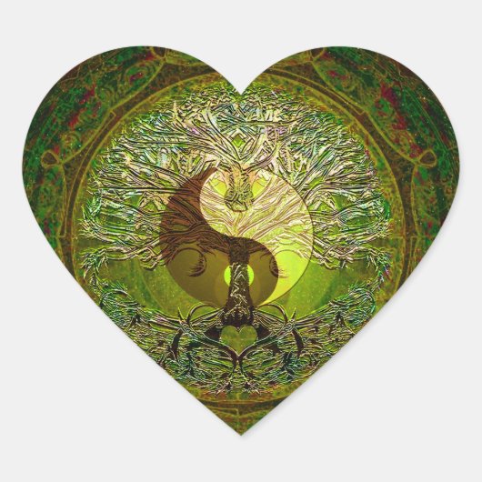 Green Yin Yang Mandala mit Baum des Lebens Herz-Aufkleber (Vorderseite)