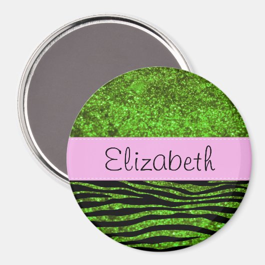 Green Zebra, Glitzer Zebra, Zebra Print, Ihr Name Magnet (Vorderseite/Rückseite)