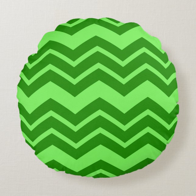 Green Zig Zag Zickzack Muster Rundes Kissen (Vorderseite)