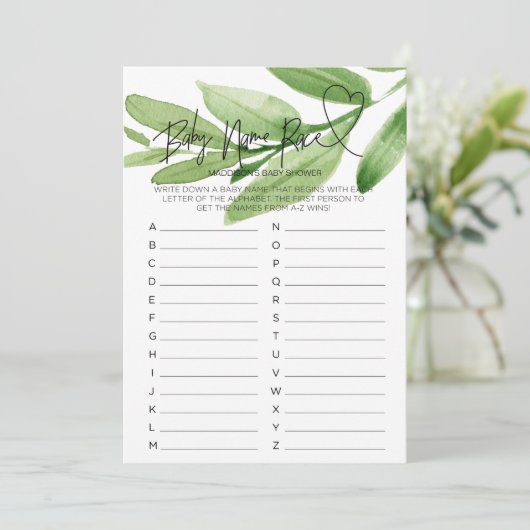 GreenBaby Shower Game Baby Name Race Card Einladung (Stehend Vorderseite)