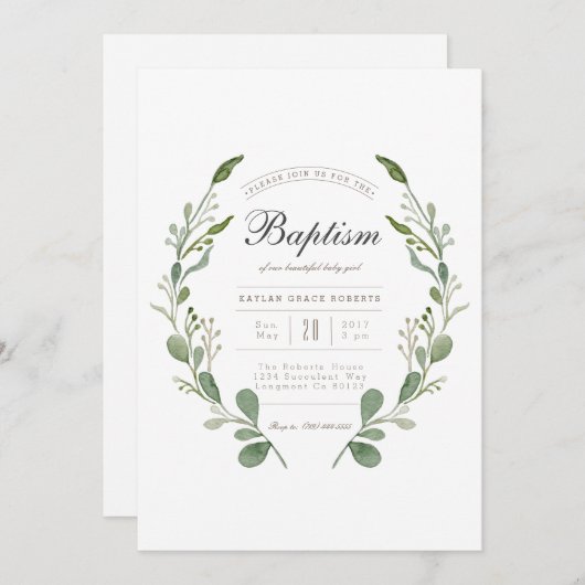 Greener Kreath | Aquarelltaufe Einladung (Vorne/Hinten)